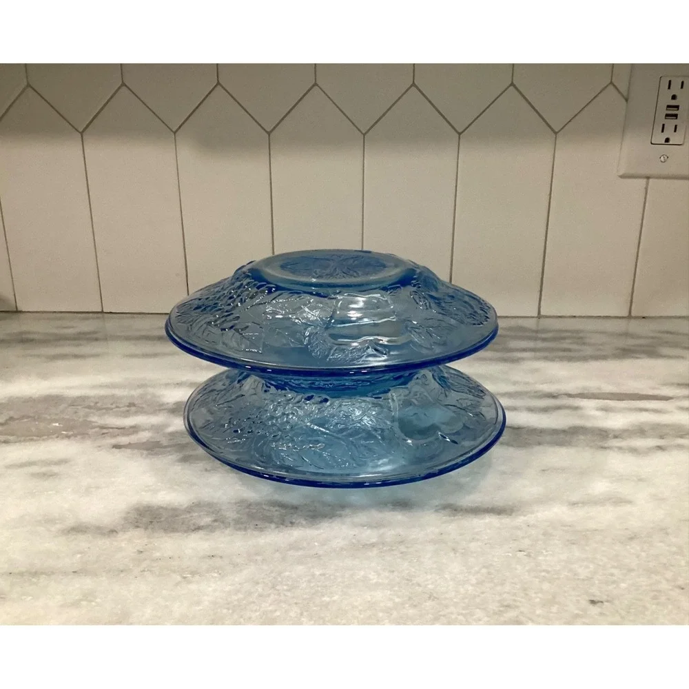 Set of 4 KIG Indonesia Poinsettia Blue Glass Plates Embossed Fruit 8.5